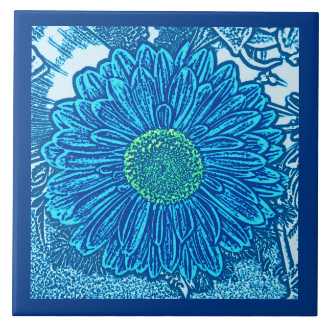 Gerbera Daisy Block Print, Cerulean & Indigo Blue  Fliese (Vorderseite)