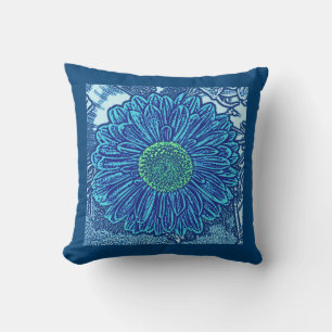 Gerbera Daisy Block Print, Cerulean & Indigo Blue Kissen