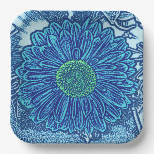 Gerbera Daisy Block Print, Cerulean & Indigo Blue Pappteller