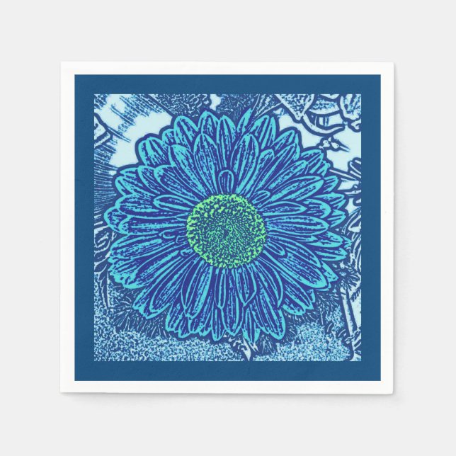 Gerbera Daisy Block Print, Cerulean & Indigo Blue Serviette (Vorderseite)
