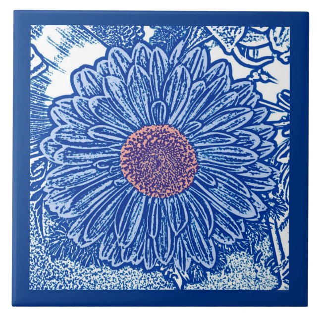 Gerbera Daisy Block Print, Cobalt und Sky Blue Fliese (Vorderseite)