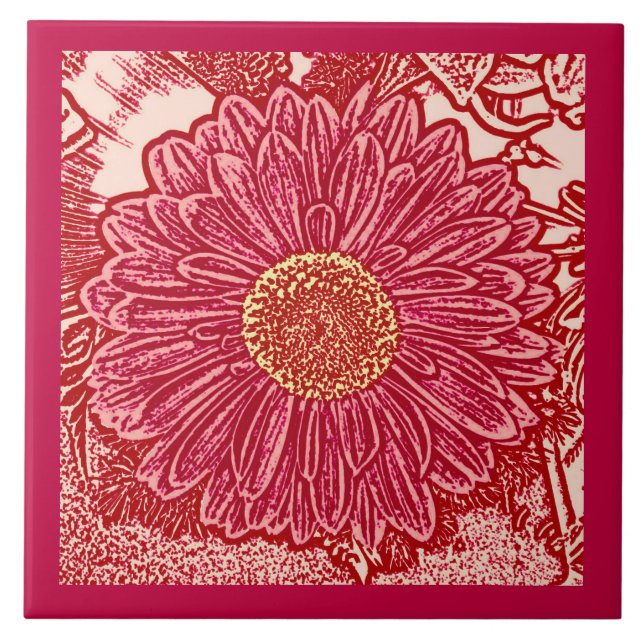 Gerbera Daisy Block Print, Coral und Peach Fliese (Vorderseite)