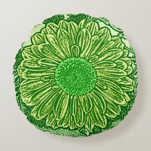 Gerbera Daisy Block Print, Emerald & Lime Green Rundes Kissen