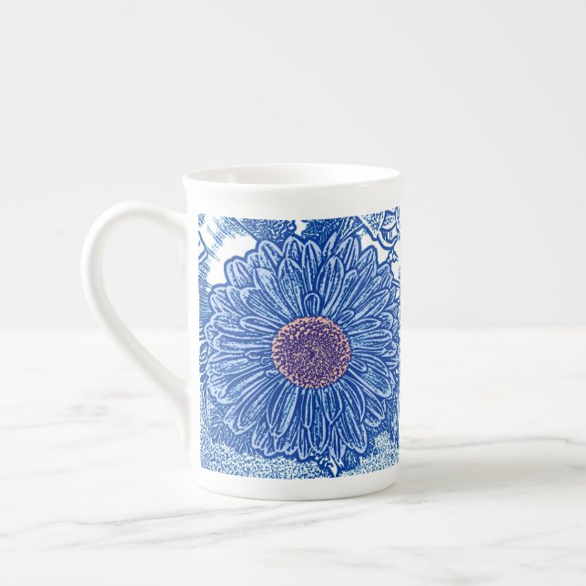 Gerbera Daisy Block Print - Kobalt blau Prozellantasse (Links)