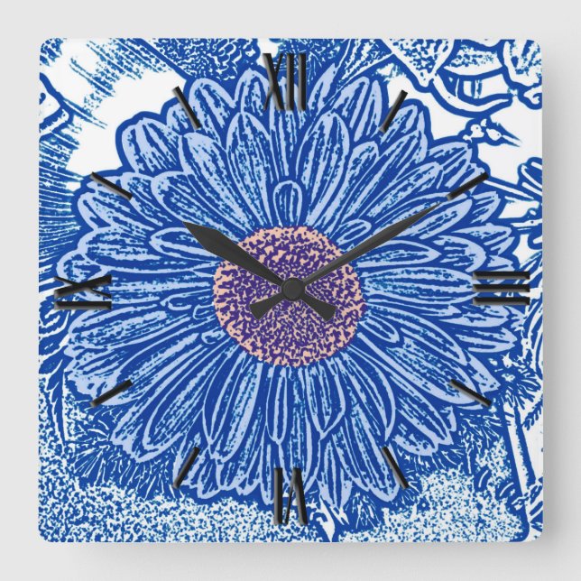 Gerbera Daisy Block Print - Kobaltblau Quadratische Wanduhr (Vorderseite)