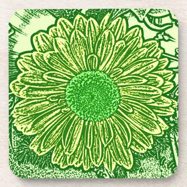 Gerbera Daisy Block Print - Limettengrün Getränkeuntersetzer (Vorderseite)