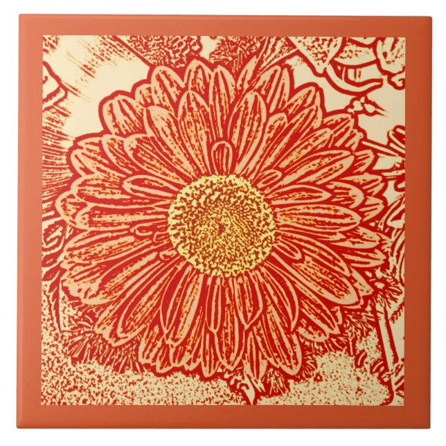 Gerbera Daisy Block Print, Mandarin Orange Fliese (Vorderseite)