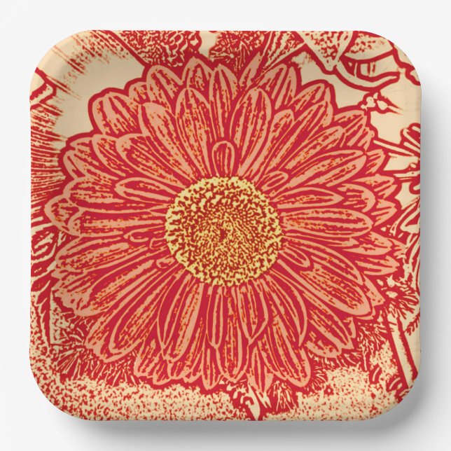 Gerbera Daisy Block Print, Mandarin Orange Pappteller (Vorderseite)