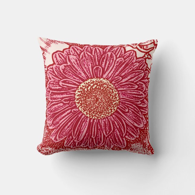 Gerbera Daisy Block Print - Maron und Rosa Kissen (Vorderseite)