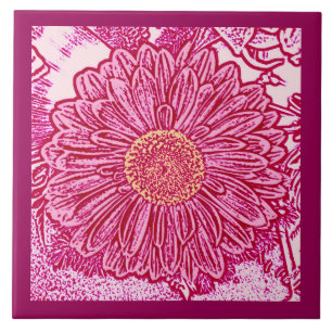 Gerbera Daisy Block Print, Maroon & Pastel Pink Fliese