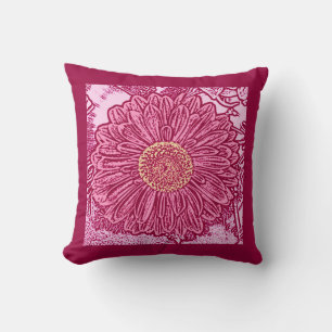 Gerbera Daisy Block Print, Maroon & Pastel Pink Kissen