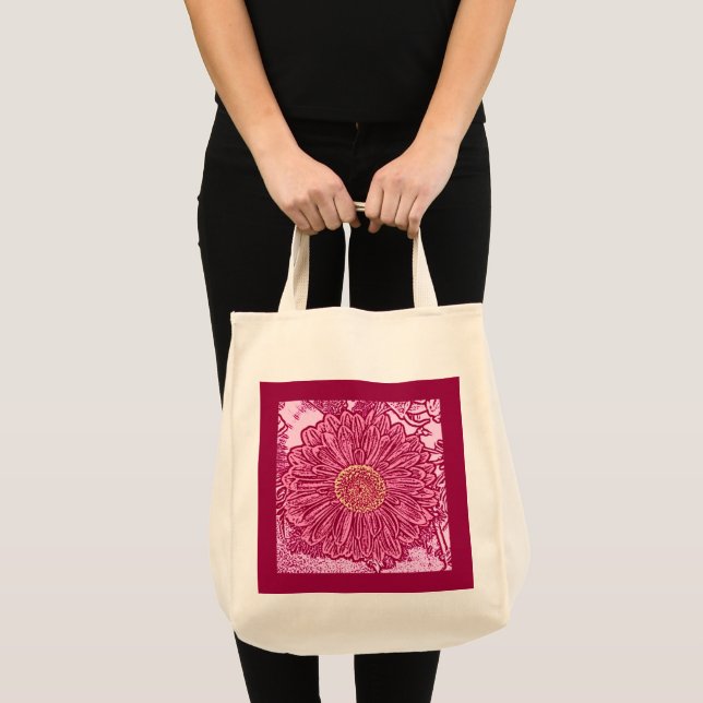 Gerbera Daisy Block Print, Maroon und Pink Tragetasche (Vorderseite (Produkt))