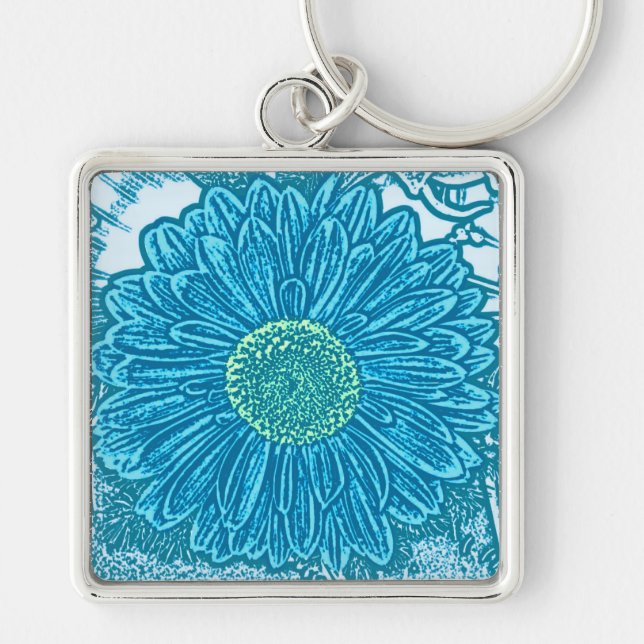 Gerbera Daisy Block Print - Meerblau Schlüsselanhänger (Vorne)