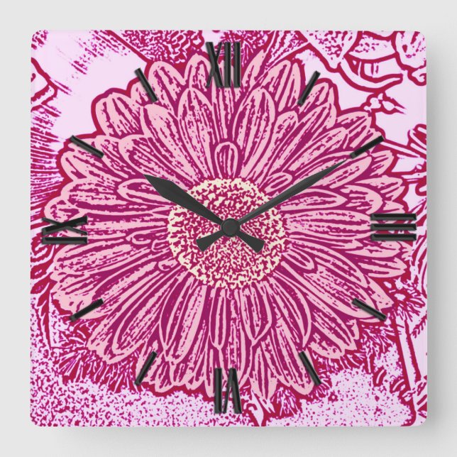 Gerbera Daisy Block Print - Rosa Farben Quadratische Wanduhr (Vorderseite)