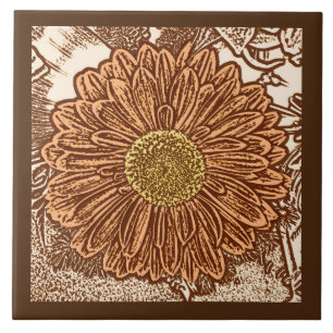 Gerbera Daisy Block Print, Schokolade Brown und Ta Fliese