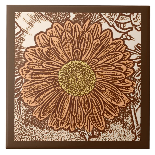 Gerbera Daisy Block Print, Schokolade Brown und Ta Fliese (Vorderseite)