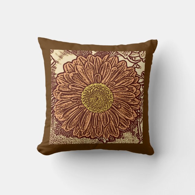 Gerbera Daisy Block Print, Schokolade Brown und Ta Kissen (Vorderseite)