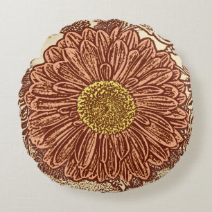 Gerbera Daisy Block Print, Schokolade Brown und Ta Rundes Kissen
