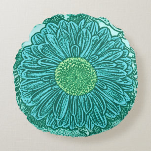 Gerbera Daisy Block Print, Türkis und Aqua Rundes Kissen