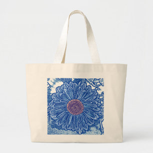 Gerbera-Daisy Blockdruck - kobaltblau Jumbo Stoffbeutel