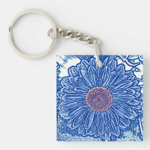 Gerbera-Daisy-Blockdruck - kobaltblau Schlüsselanhänger