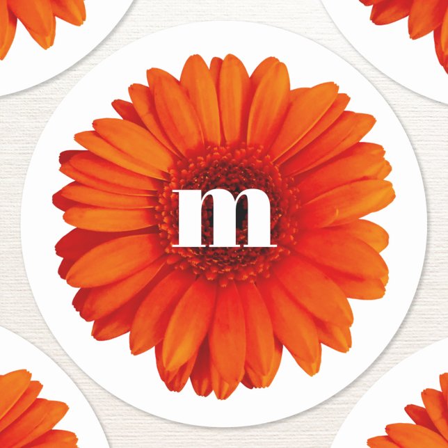 Gerbera Daisy Monogram Initial Runder Aufkleber (Modern monogram initial personalized gerbera daisy stickers)