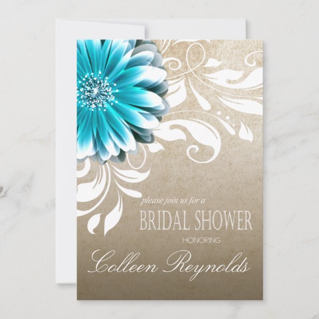 Gerbera Daisy Scroll Brautparty aquamarin Einladung (Vorderseite)