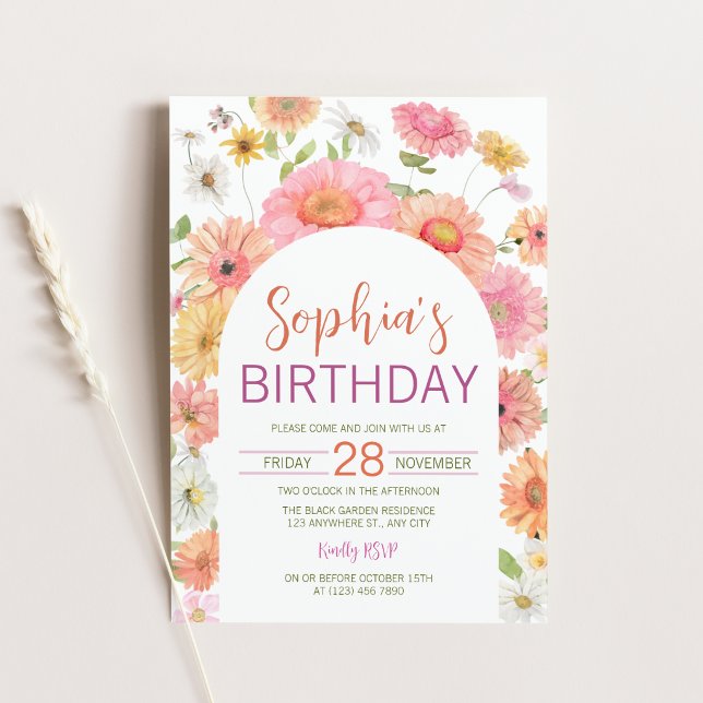 Gerbera-Daisy-Wasserfarben-Blumenbogen-Geburtstag Einladung (Gerbera Daisy Watercolor Floral Arch Birthday Invitation)
