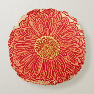 Gerbera-Gänseblümchen-Block-Druck, Mandarine Rundes Kissen