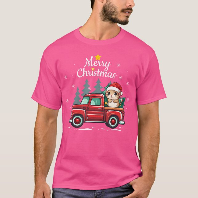 Gerbil Christmas Truck Kariert Funny Xmas Tree T-Shirt (Vorderseite)