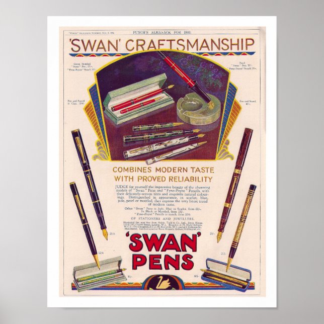 GERECYCELT ART: 1931 SWAN PEN AD POSTER (Vorne)