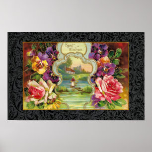 GERECYCELT FINE ART 1915 "BEST WISHES" SENTIMENT POSTER