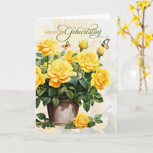 German Birthday Geburtstag Pot of Yellow Roses Karte (Gelbe Blume)