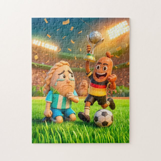 German bratwurst defeating Argentinian empanada so Puzzle (Vertikal)