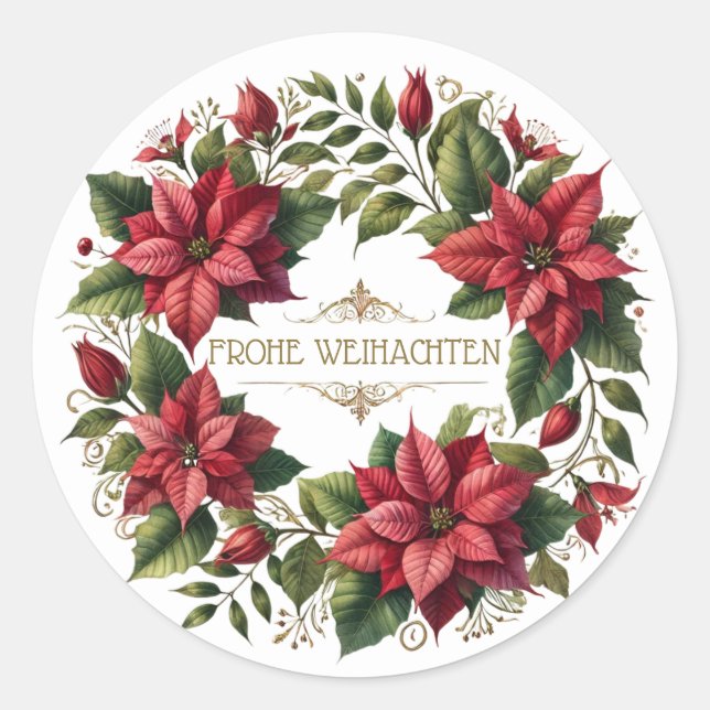 German Frohe Weinsieben, Poinsettia Weihnachten Runder Aufkleber (Vorderseite)