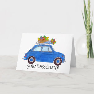 German Get well Blue Retro Fiat 500 Karte