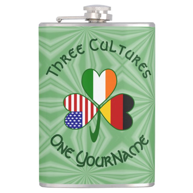 German Irish USA Flags Kleeblatt Personalisiert Flachmann (Vorderseite)
