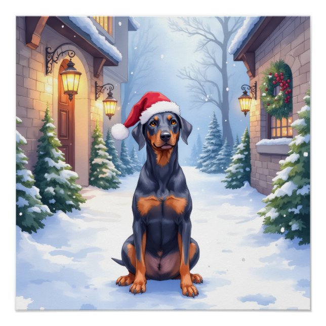 German Pinscher Snowy Courtyard Santa Hat Poster (Vorderseite)