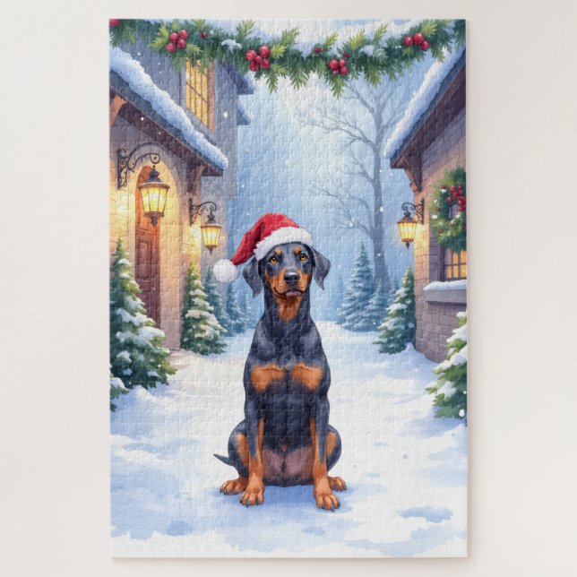 German Pinscher Snowy Courtyard Santa Hat Puzzle (Vertikal)