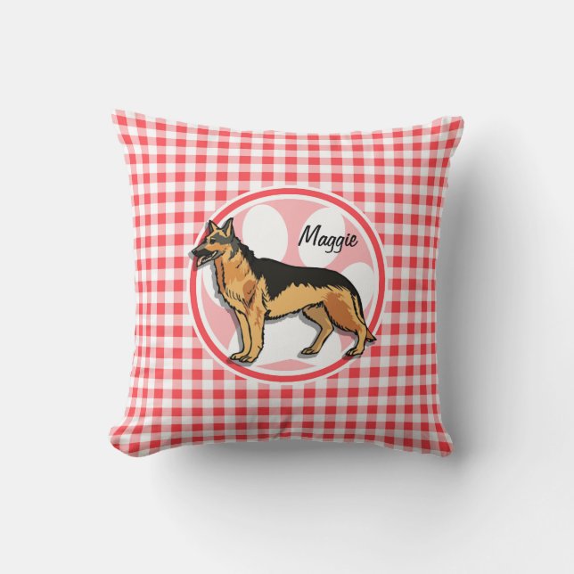 German Shepard; Rot und Weiß Gingham Kissen (Vorderseite)