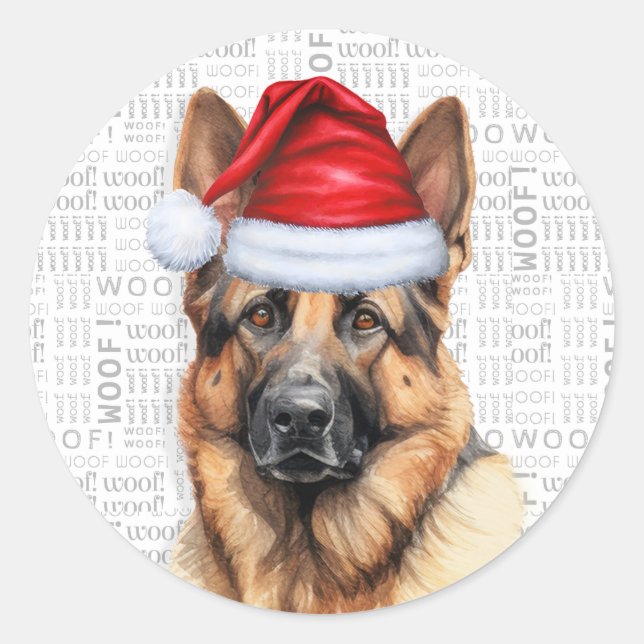 German Shepherd and Woof Word Art Weihnachten Runder Aufkleber (Vorderseite)