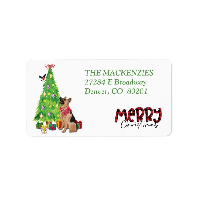 German Shepherd, Bird, Holiday Tree Return Address Adressaufkleber (Vorne)