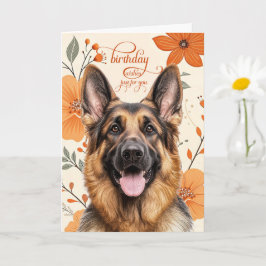 German Shepherd Bold Retro Orange Flowers Birthday Karte