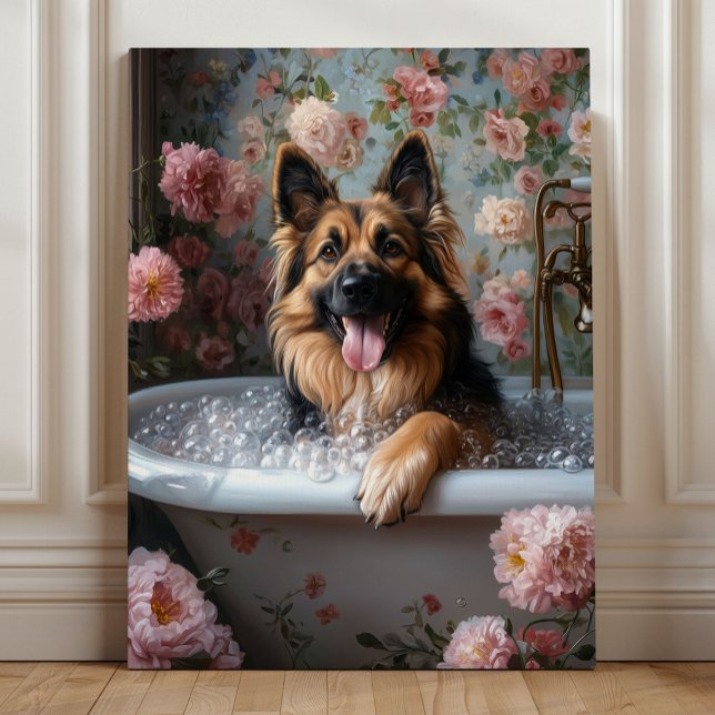 German Shepherd Bubble Bath Bliss Leinwanddruck (German Shepherd Bubble Bath Bliss – Whimsical Floral Bathroom Dog Art by Nicole Cossairt)