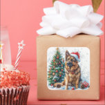 German Shepherd by Snowy Christmas Tree Quadratischer Aufkleber<br><div class="desc">Feiern Sie die Feiertage mit diesem detaillierten Aufkleber mit einem deutschen Hirten,  der eine Weihnachtsmannmütze trägt und neben einem schneebedeckten Weihnachtsbaum mit bunten Ornamenten sitzt. Schneeflocken,  Pinecones und glühende Märchenleuchten sorgen für eine festliche Winteratmosphäre. Dieses abgeschiedene und gepflegte Design verleiht jedem Urlaubsdekor saisonalen Charme!</div>