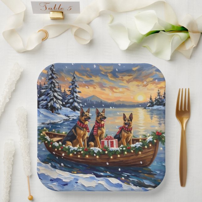 German Shepherd Christmas Boat Holiday Pappteller (Hochzeit)