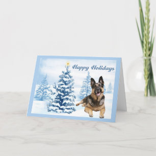 German Shepherd Christmas Card Blue Tree Feiertagskarte