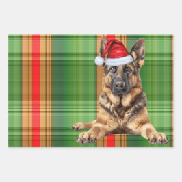 German Shepherd Christmas Dog Red Holiday Plaid Geschenkpapier Set