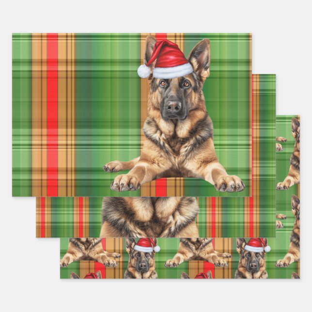 German Shepherd Christmas Dog Red Holiday Plaid Geschenkpapier Set (Set)