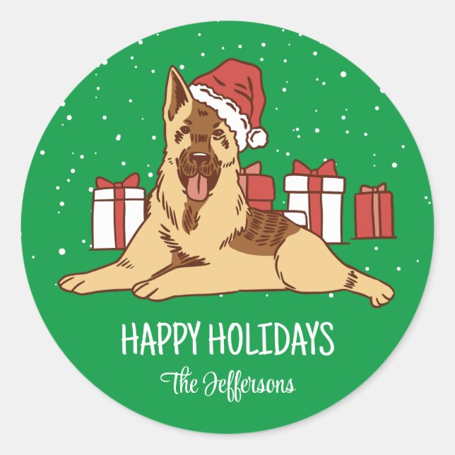 German Shepherd Christmas Dog Snowy Winter Holiday Runder Aufkleber (Vorderseite)